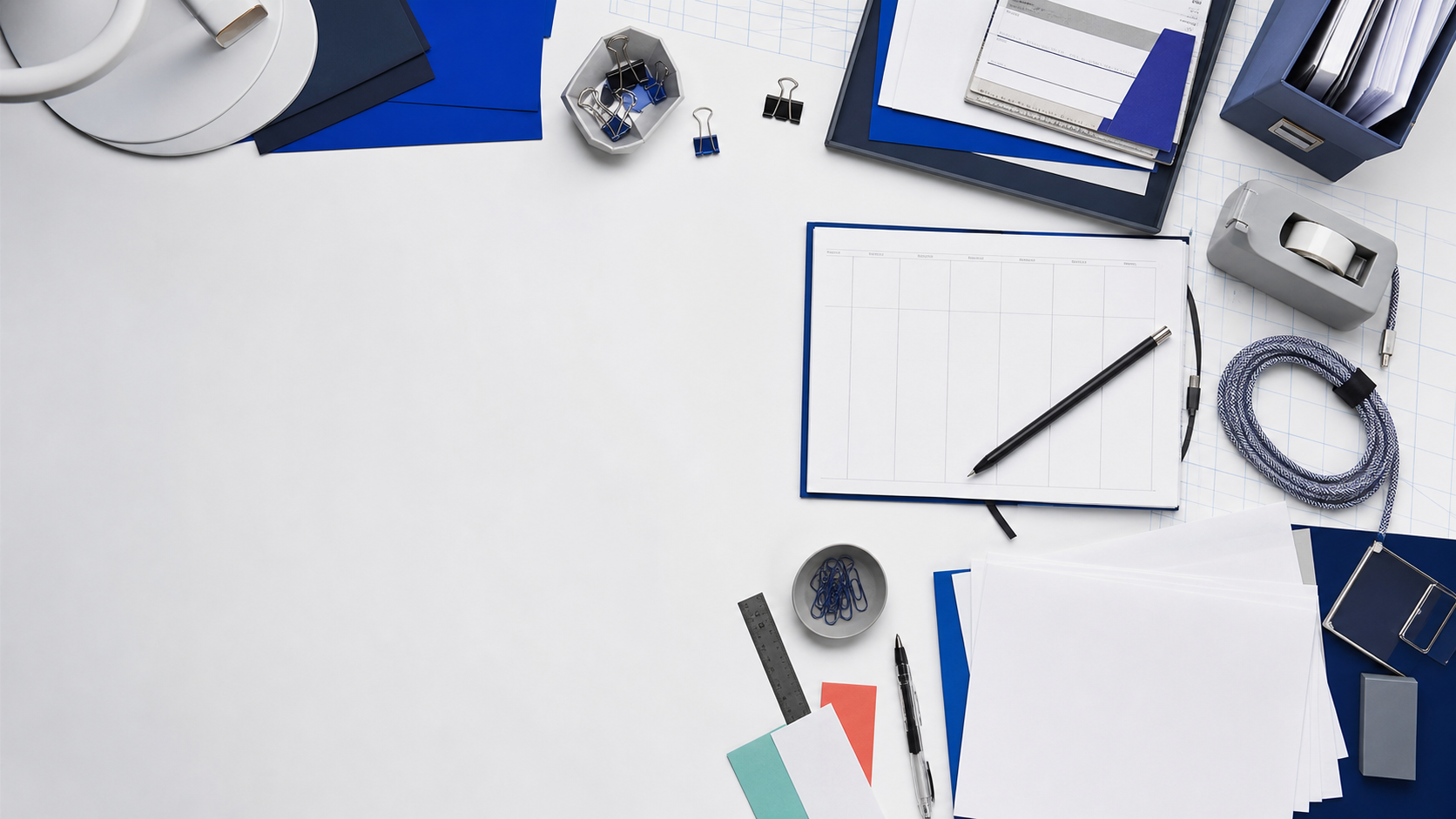 Organized office supplies arranged on a modern desk